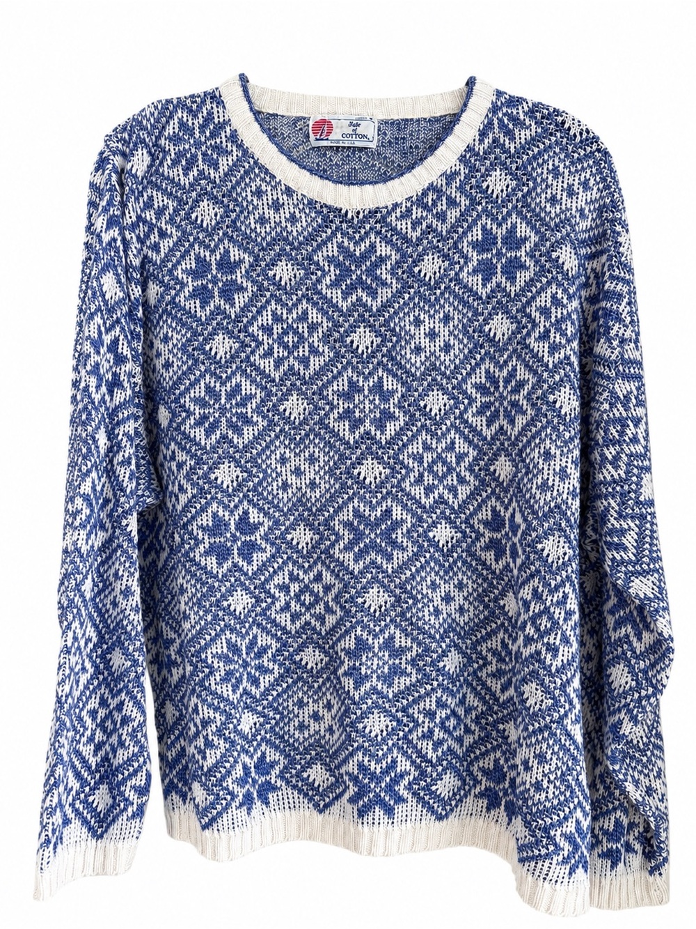Vintage Isle of Cotton Blue White Fair Isle Knit Sweater Made in USA Women’s M